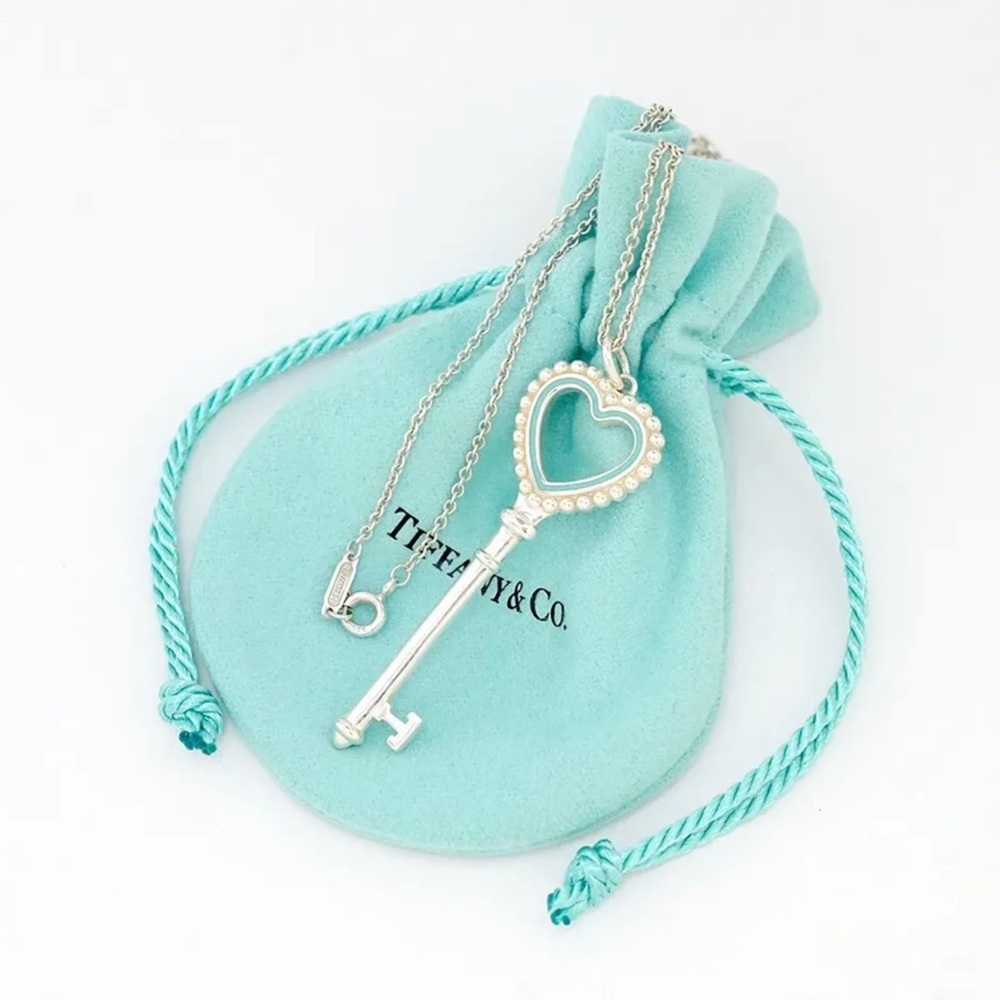 Tiffany & Co. Large Heart Key Blue Enamel Necklace SV925 Auth